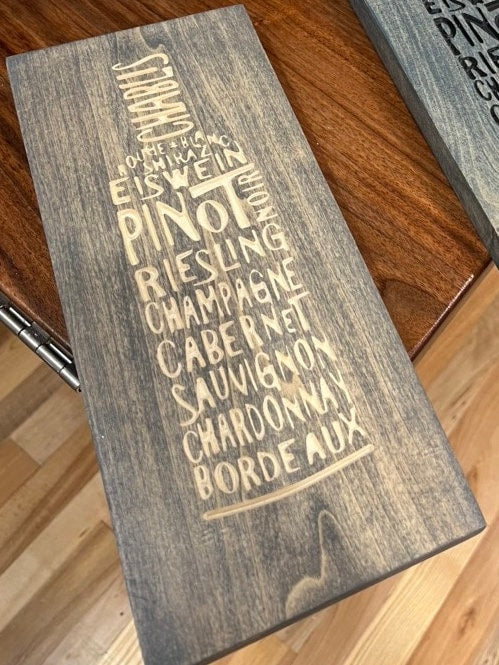 Carved Wine Bottle sign with wine names