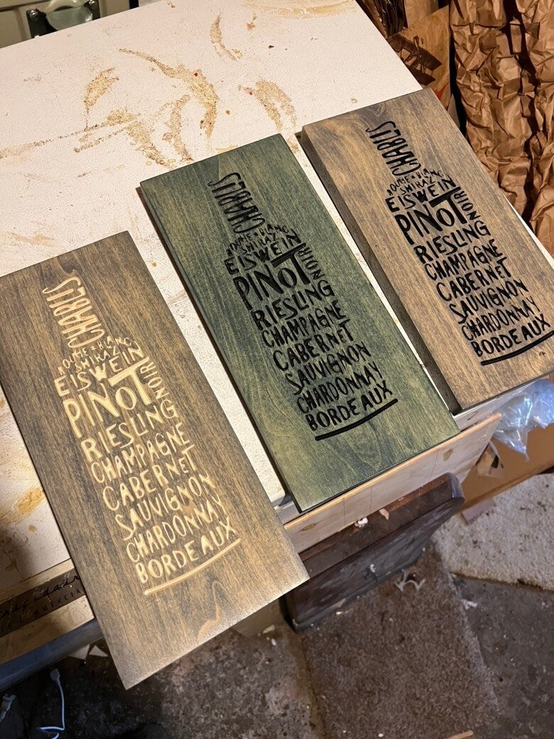 Carved Wine Bottle Sign with Wine Names - Newman Specials