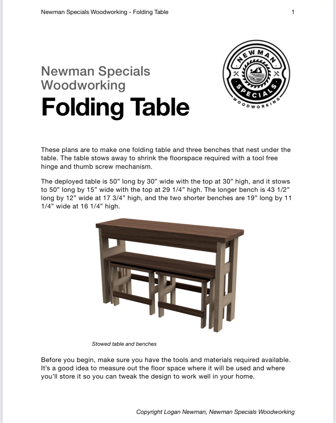 Lengthwise folding table plans