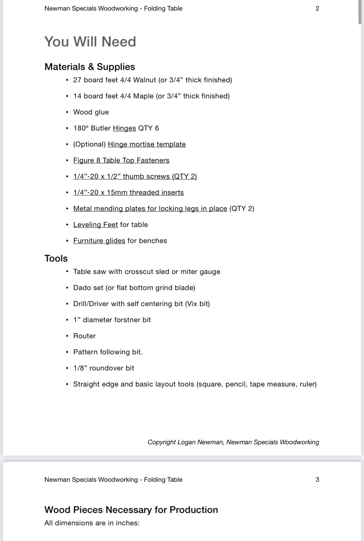 Lengthwise folding table plans